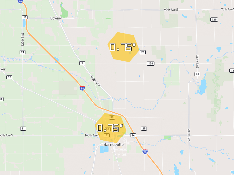 Hail map of Barnesville, MN on Jun 30, 2026, hail up to 0.75"