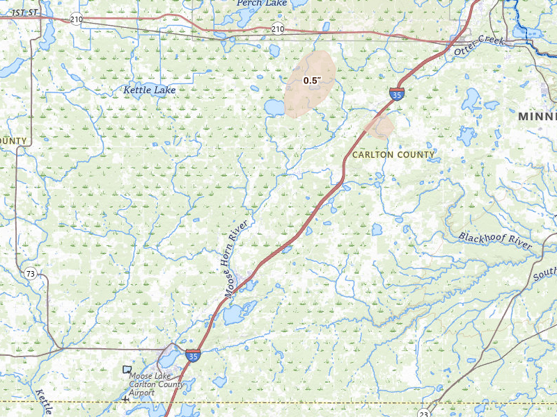 Radar-estimated hail-size map of the storm over Barnum, MN on Apr 17, 2026