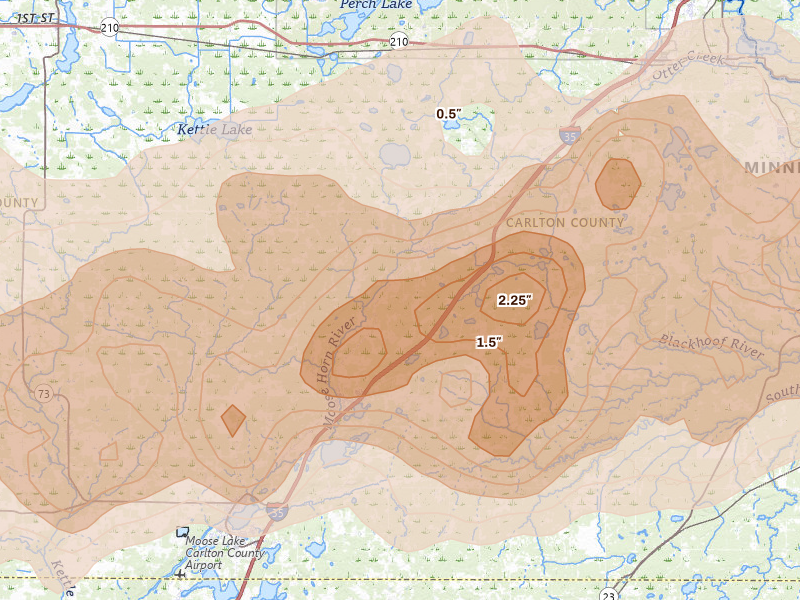 Radar-estimated hail-size map of the storm over Barnum, MN on Jun 29, 2026