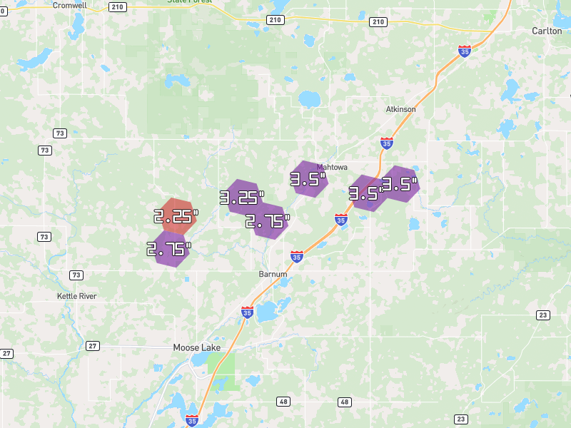 Hail map of Barnum, MN on Jun 29, 2026, hail up to 3.5"