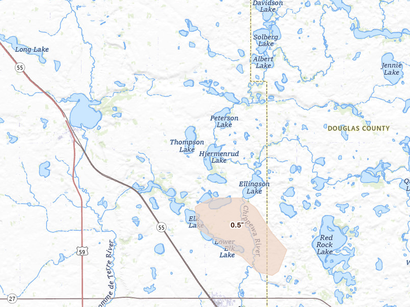 Radar-estimated hail-size map of the storm over Barrett, MN on Jun 5, 2026
