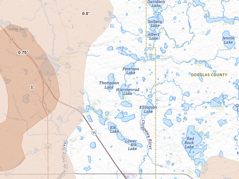 Radar-estimated hail-size map of the storm over Barrett, MN on Jun 9, 2026