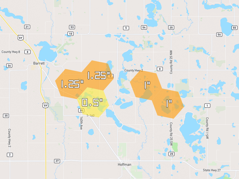 Hail map of Barrett, MN on Jul 7, 2026, hail up to 1.25"