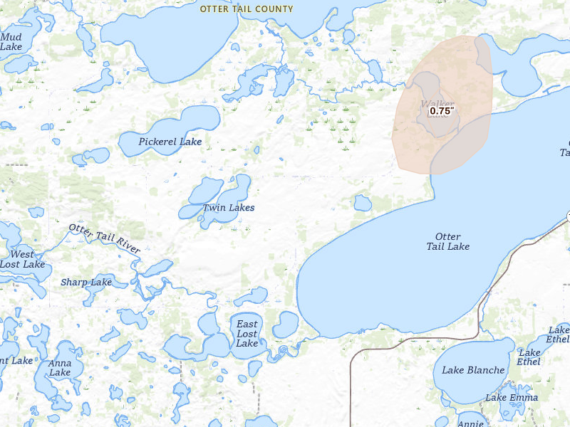 Radar-estimated hail-size map of the storm over Battle Lake, MN on Apr 22, 2026
