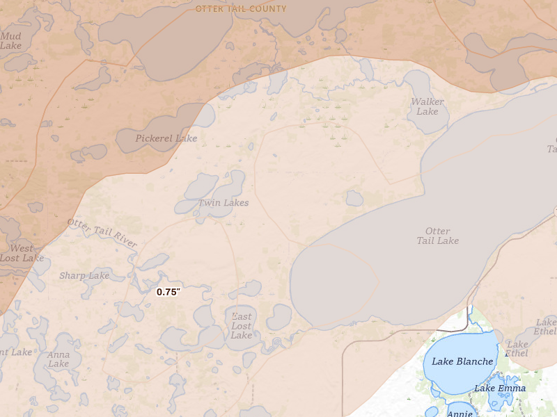 Radar-estimated hail-size map of the storm over Battle Lake, MN on Jun 29, 2026
