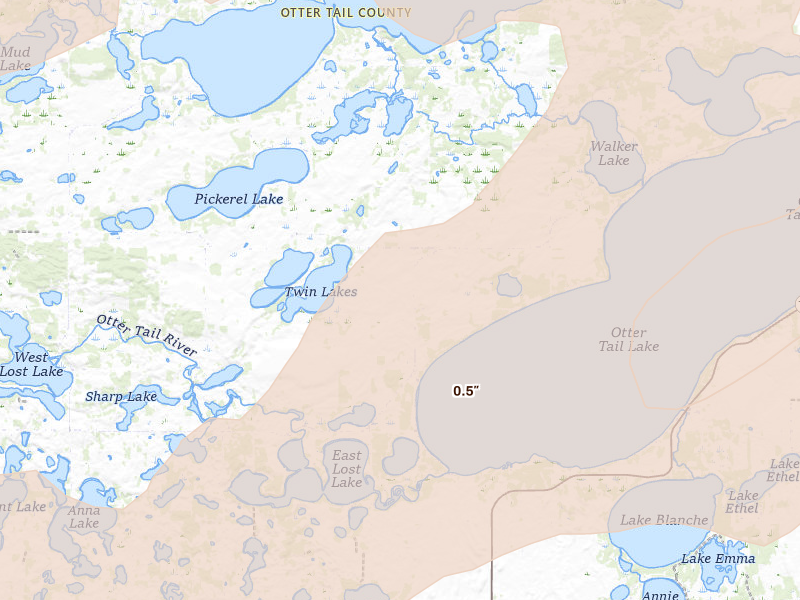 Radar-estimated hail-size map of the storm over Battle Lake, MN on Jul 6, 2026