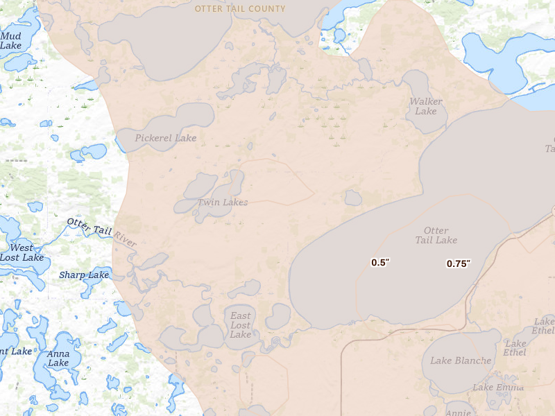 Radar-estimated hail-size map of the storm over Battle Lake, MN on Aug 28, 2026