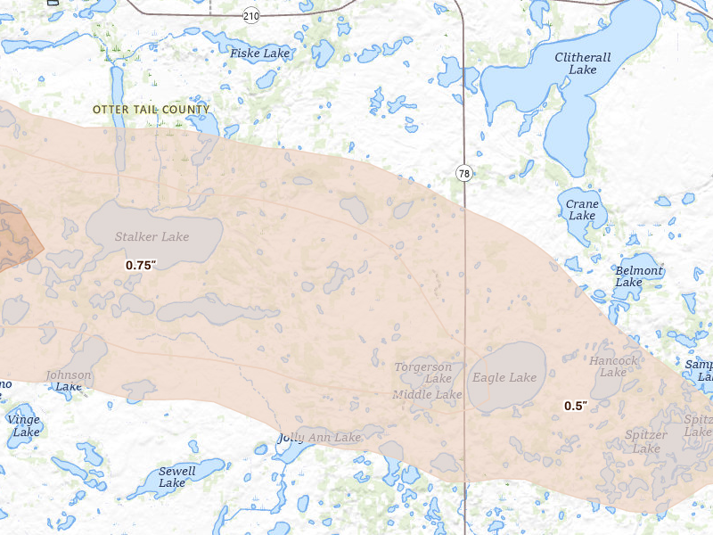 Radar-estimated hail-size map of the storm over Battle Lake, MN on Sep 3, 2026
