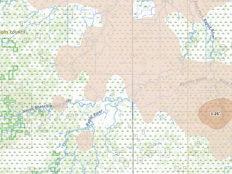 Radar-estimated hail-size map of the storm over Baudette, MN on Jul 6, 2026