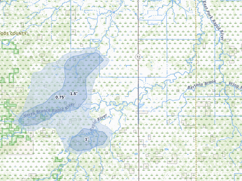 NEXRAD radar-signature map of the hail storm over Baudette, MN on Jul 6, 2026