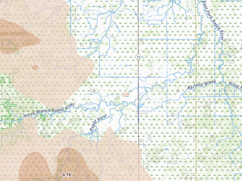 Radar-estimated hail-size map of the storm over Baudette, MN on Jul 16, 2026