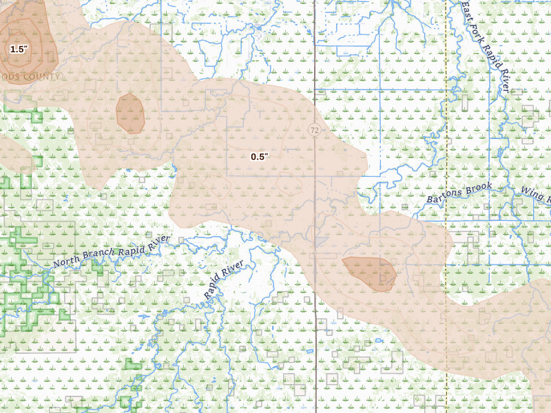 Radar-estimated hail-size map of the storm over Baudette, MN on Jul 26, 2026