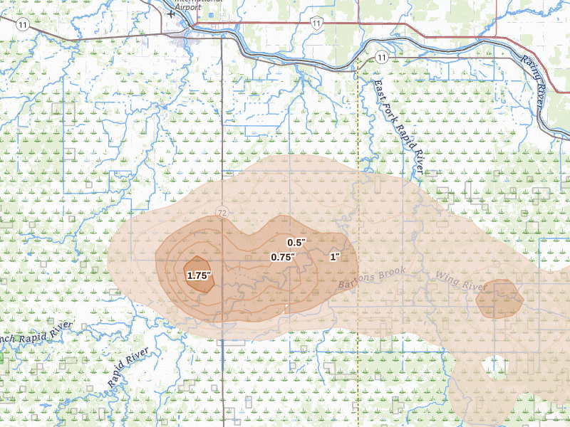 Radar-estimated hail-size map of the storm over Baudette, MN on Aug 6, 2026