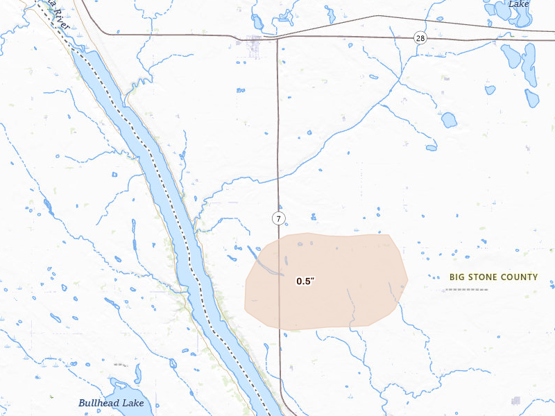 Radar-estimated hail-size map of the storm over Beardsley, MN on Jun 4, 2026