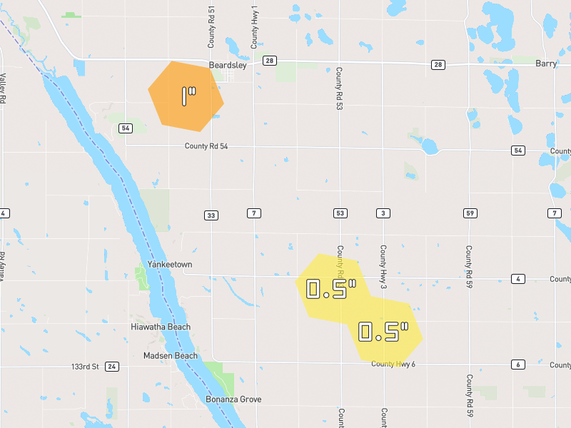 Hail map of Beardsley, MN on Jul 4, 2026, hail up to 1"