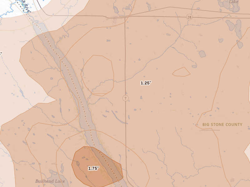 Radar-estimated hail-size map of the storm over Beardsley, MN on Jul 6, 2026