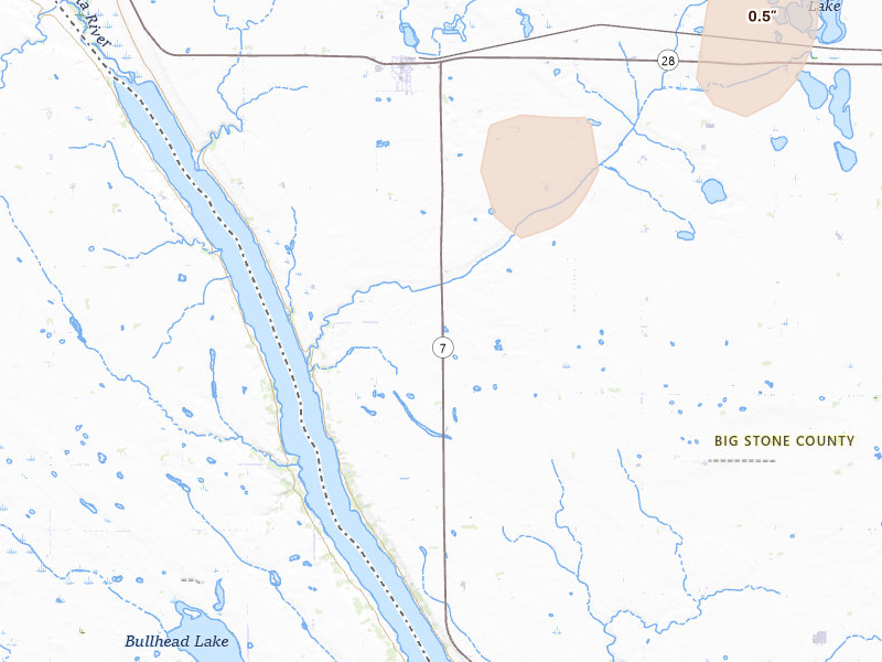 Radar-estimated hail-size map of the storm over Beardsley, MN on Jul 10, 2026