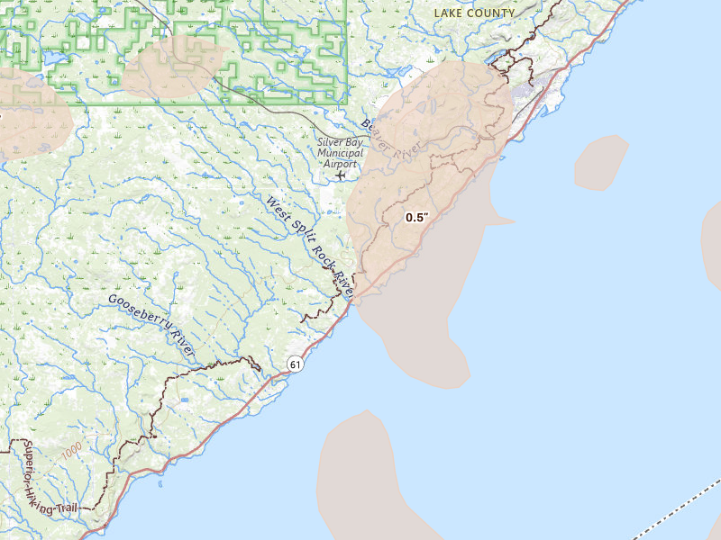 Radar-estimated hail-size map of the storm over Beaver Bay, MN on Jun 29, 2026