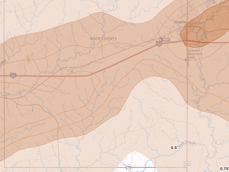 Radar-estimated hail-size map of the storm over Beaver Creek, MN on May 17, 2026