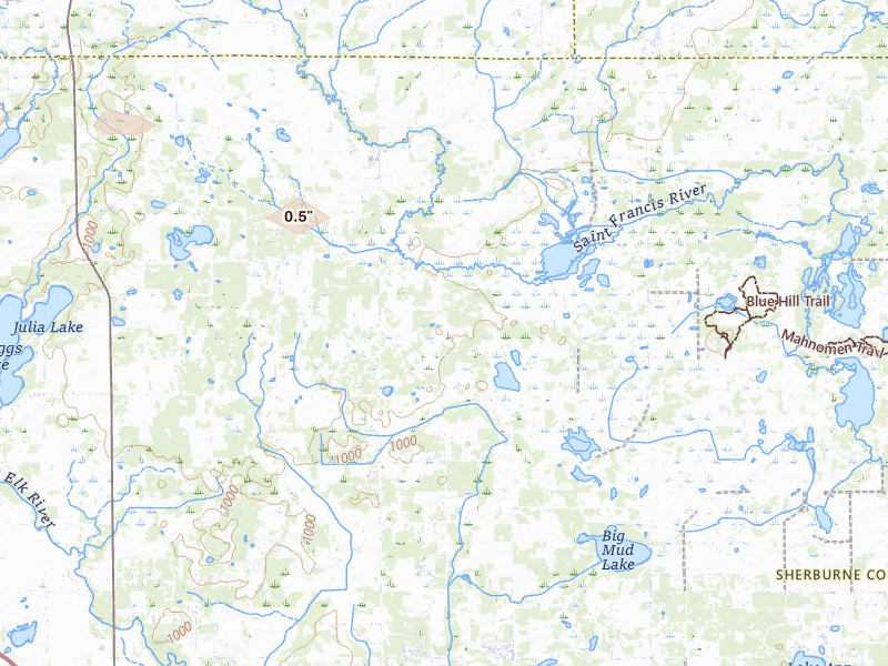 Radar-estimated hail-size map of the storm over Becker, MN on Jun 19, 2026
