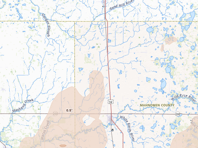 Radar-estimated hail-size map of the storm over Bejou, MN on Jun 29, 2026