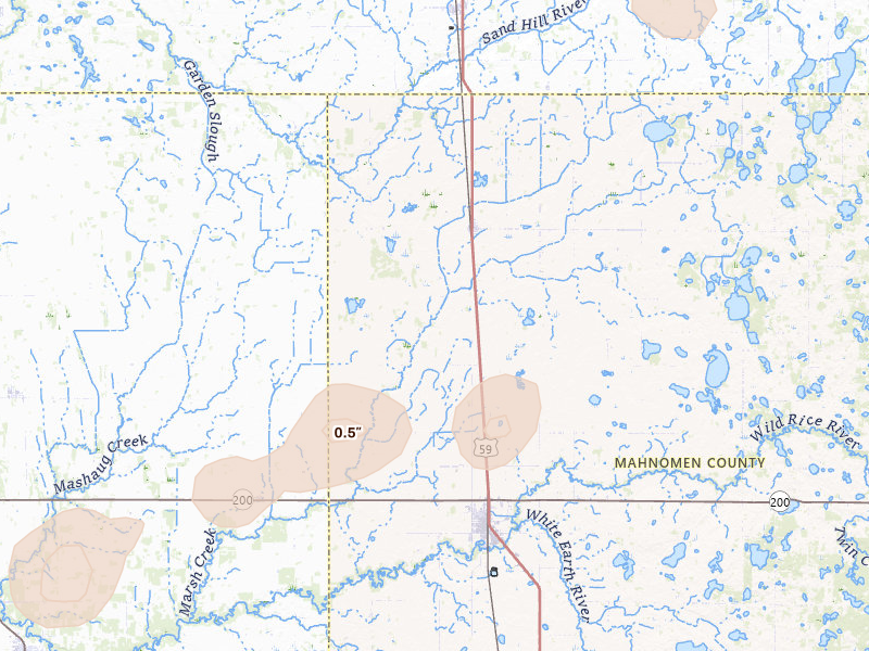 Radar-estimated hail-size map of the storm over Bejou, MN on Jul 3, 2026