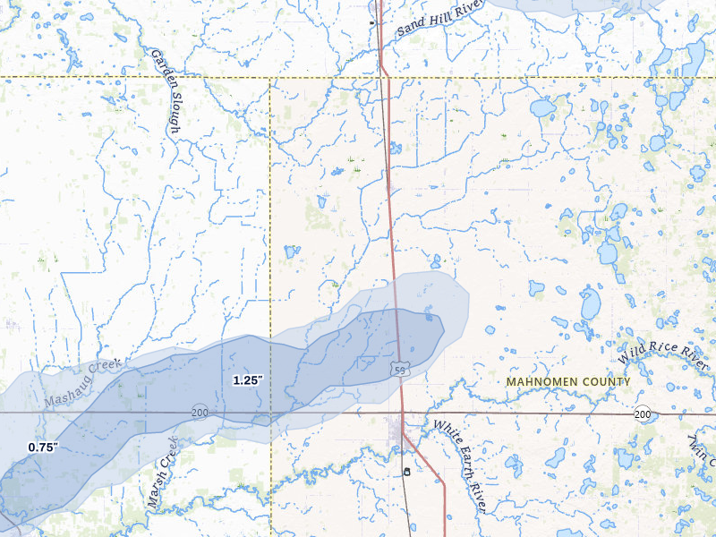 NEXRAD radar-signature map of the hail storm over Bejou, MN on Jul 3, 2026