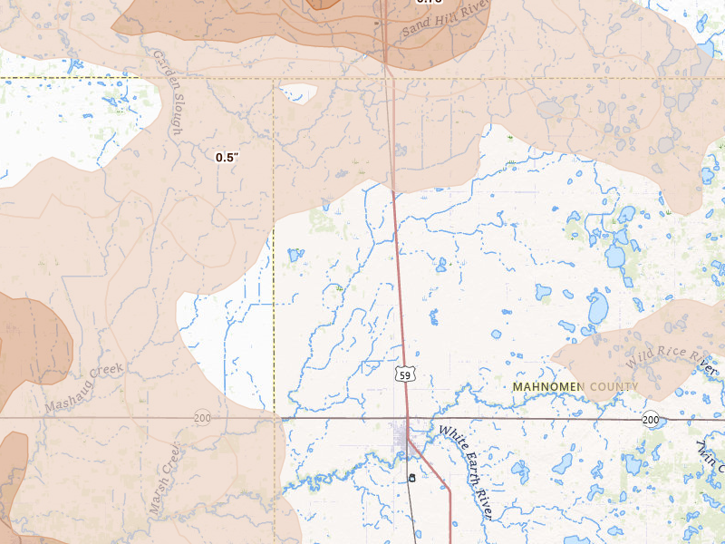 Radar-estimated hail-size map of the storm over Bejou, MN on Jul 6, 2026