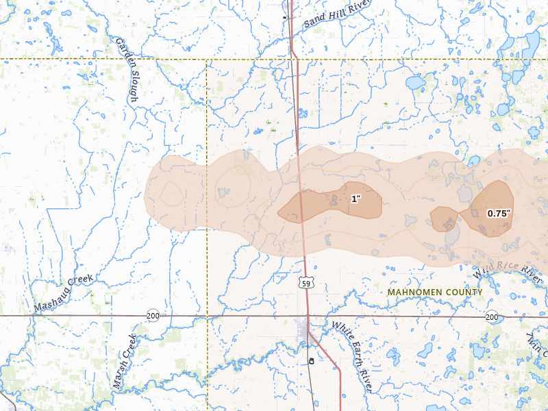 Radar-estimated hail-size map of the storm over Bejou, MN on Aug 6, 2026