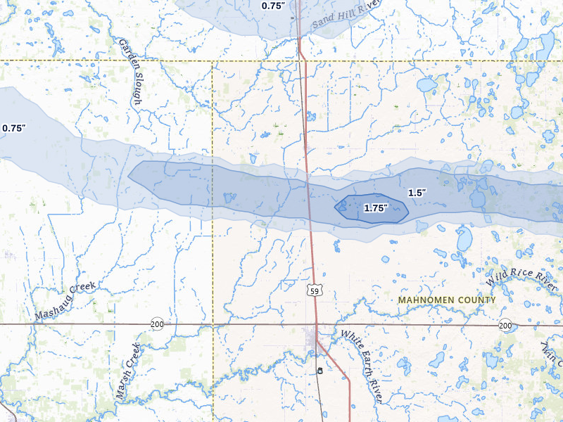 NEXRAD radar-signature map of the hail storm over Bejou, MN on Aug 6, 2026