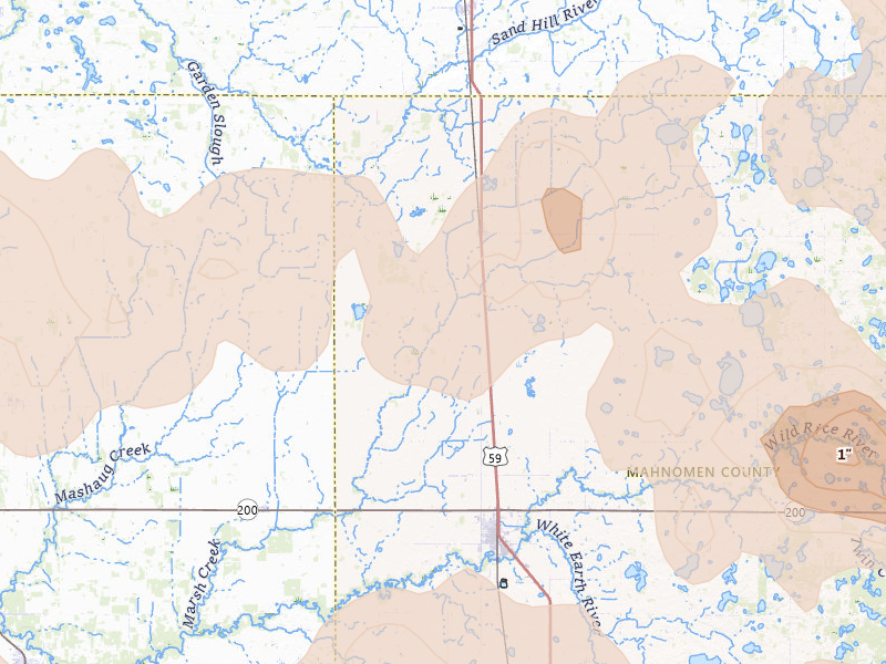 Radar-estimated hail-size map of the storm over Bejou, MN on Sep 3, 2026