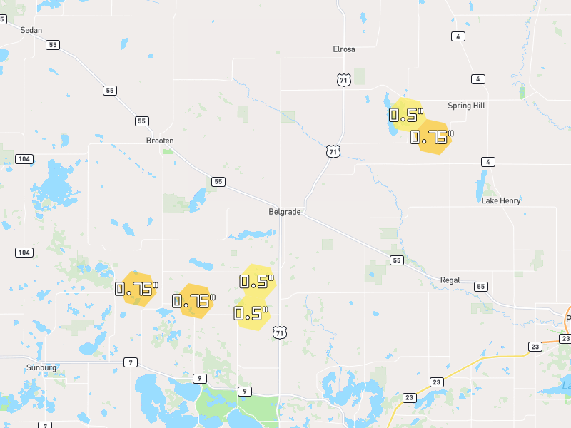 Hail map of Belgrade, MN on Jun 4, 2026, hail up to 0.75"