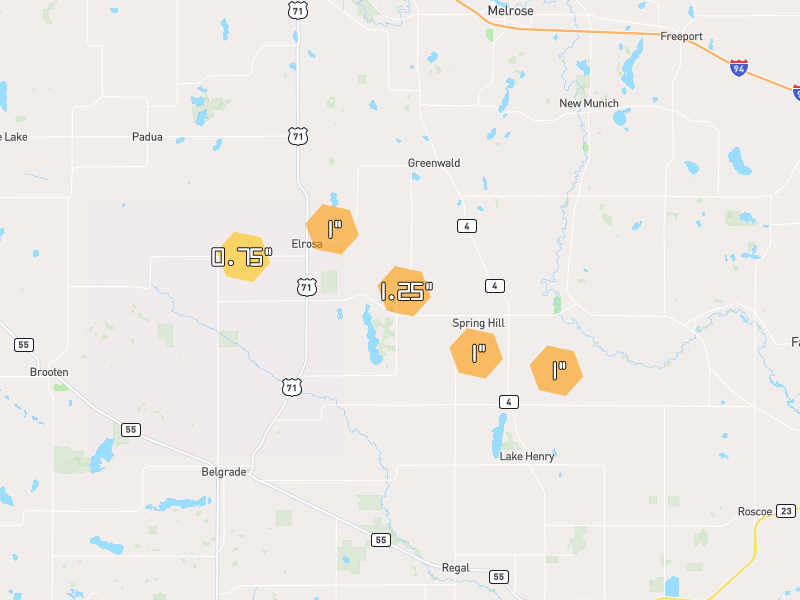 Hail map of Belgrade, MN on Jun 5, 2026, hail up to 1.25"
