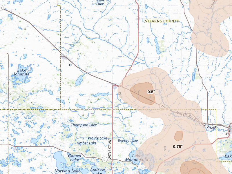 Radar-estimated hail-size map of the storm over Belgrade, MN on Jul 4, 2026