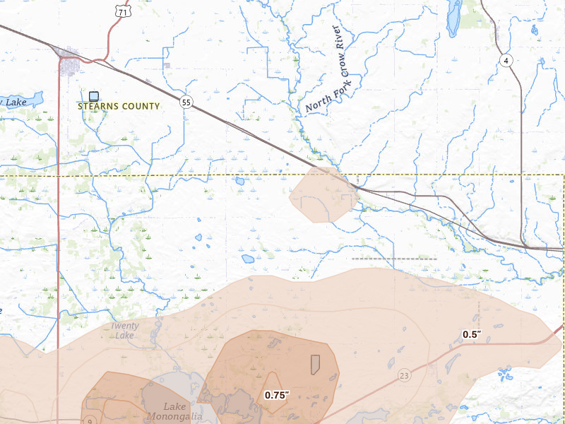 Radar-estimated hail-size map of the storm over Belgrade, MN on Aug 7, 2026