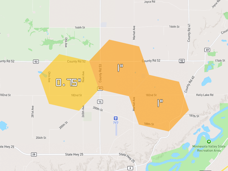 Hail map of Belle Plaine, MN on Jul 26, 2026, hail up to 1"