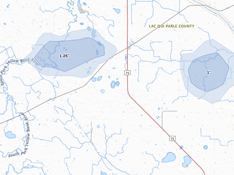 NEXRAD radar-signature map of the hail storm over Bellingham, MN on Jul 7, 2026