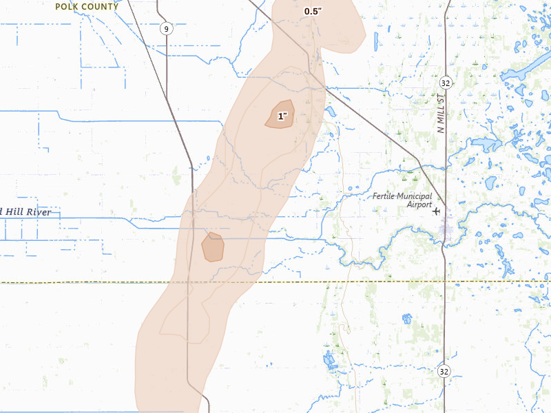 Radar-estimated hail-size map of the storm over Beltrami, MN on Jun 29, 2026