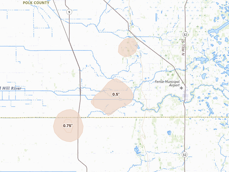 Radar-estimated hail-size map of the storm over Beltrami, MN on Jul 30, 2026
