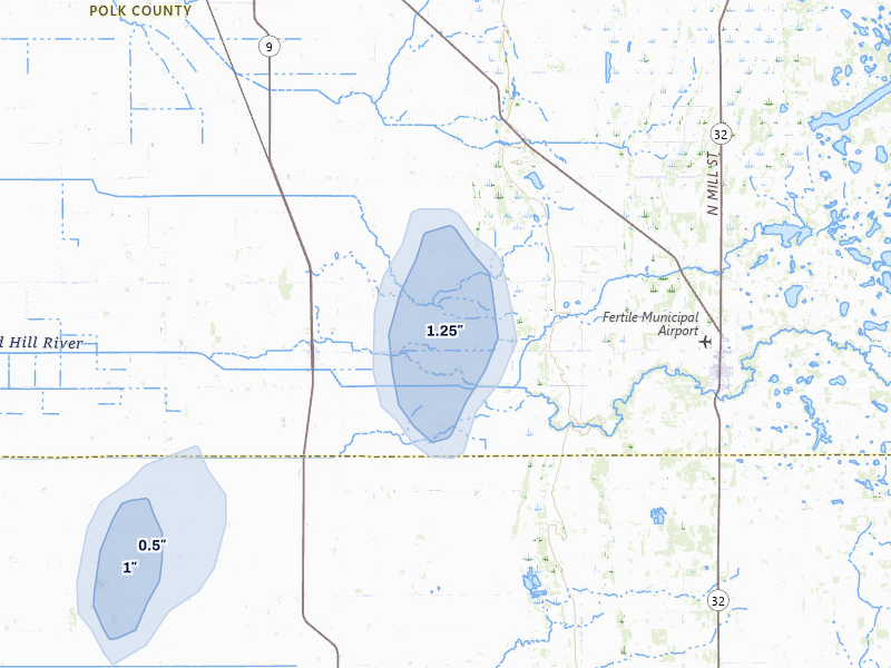 NEXRAD radar-signature map of the hail storm over Beltrami, MN on Jul 30, 2026