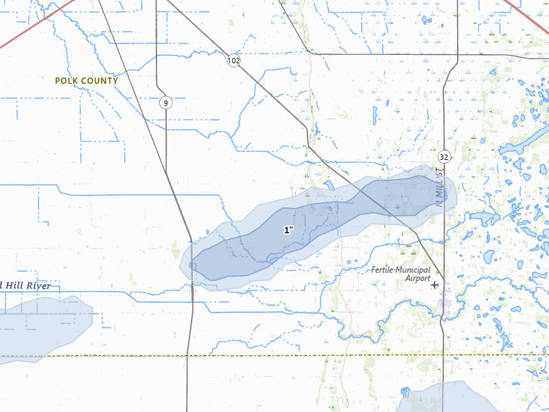 NEXRAD radar-signature map of the hail storm over Beltrami, MN on Aug 6, 2026