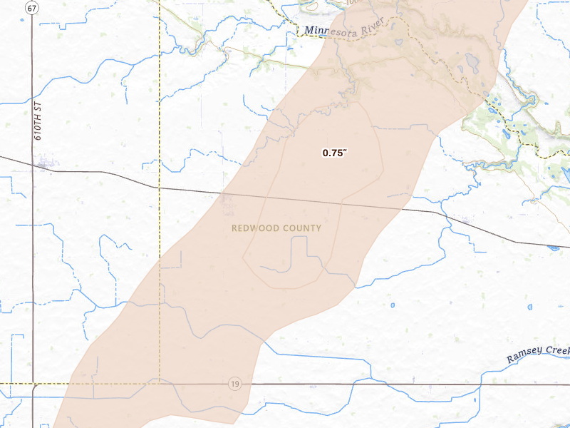 Radar-estimated hail-size map of the storm over Belview, MN on Jun 9, 2026