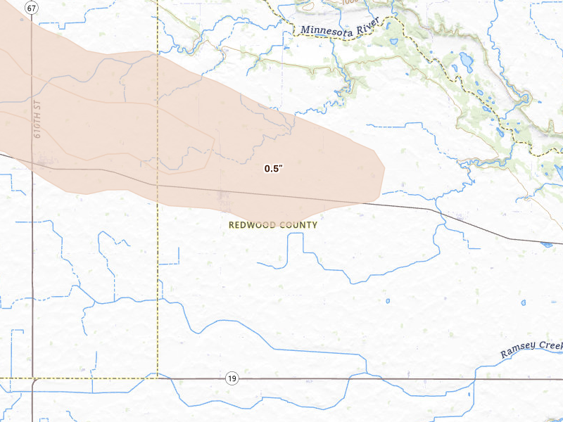 Radar-estimated hail-size map of the storm over Belview, MN on Jul 7, 2026
