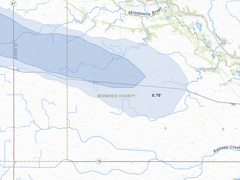 NEXRAD radar-signature map of the hail storm over Belview, MN on Jul 7, 2026