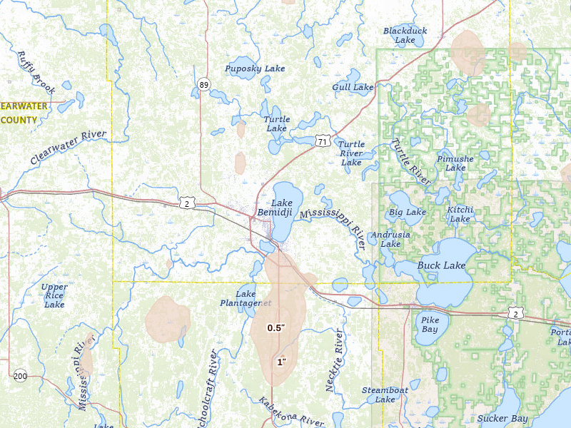 Radar-estimated hail-size map of the storm over Bemidji, MN on Jun 9, 2026