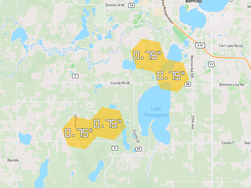 Hail map of Bemidji, MN on Jun 29, 2026, hail up to 0.75"