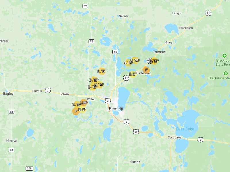 Hail map of Bemidji, MN on Jun 30, 2026, hail up to 1.25"