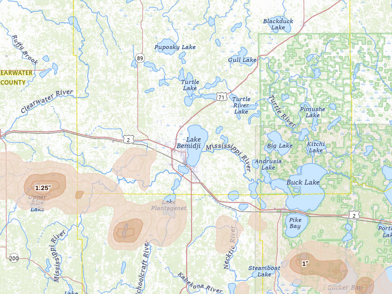 Radar-estimated hail-size map of the storm over Bemidji, MN on Jul 3, 2026