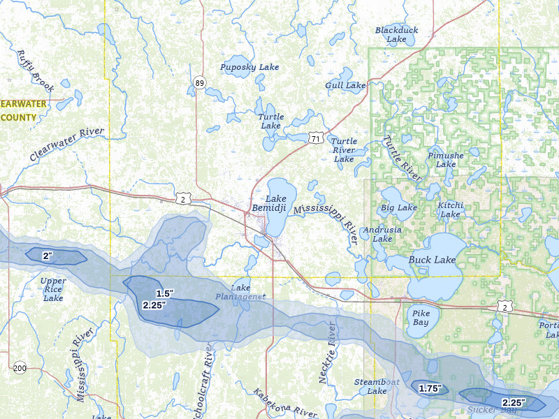 NEXRAD radar-signature map of the hail storm over Bemidji, MN on Jul 3, 2026