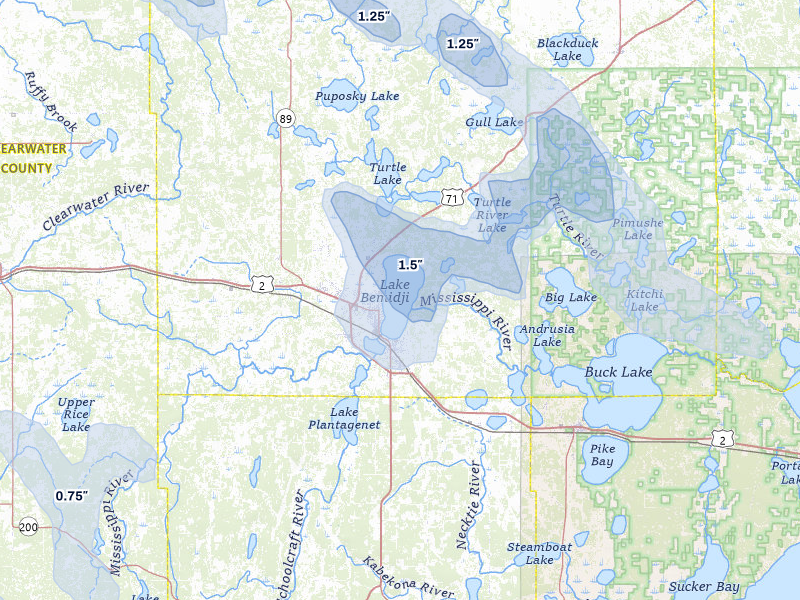 NEXRAD radar-signature map of the hail storm over Bemidji, MN on Jul 6, 2026